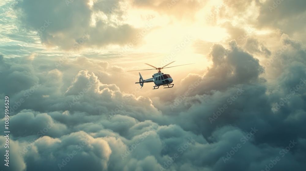 Fototapeta premium A helicopter flying through vibrant clouds at sunset, showcasing adventure and exploration.