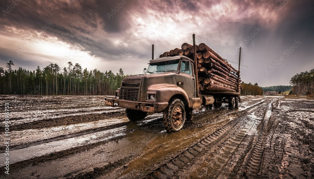 Classic heavy duty logging truck in mud Classic heavy duty logging truck in mud