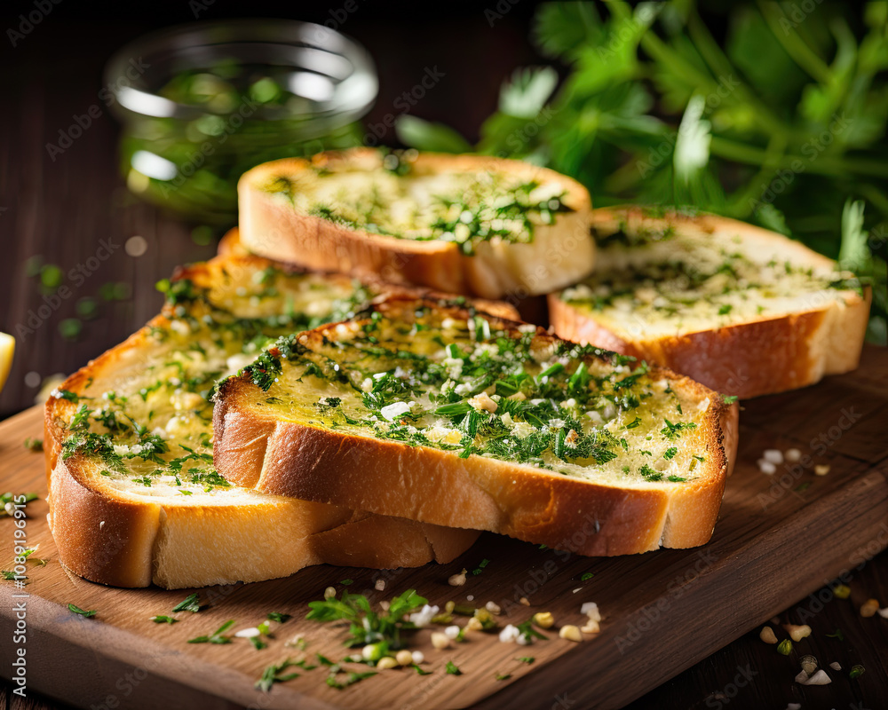 Toast with fresh herbs and garlic closeup Toast with fresh herbs and garlic closeup