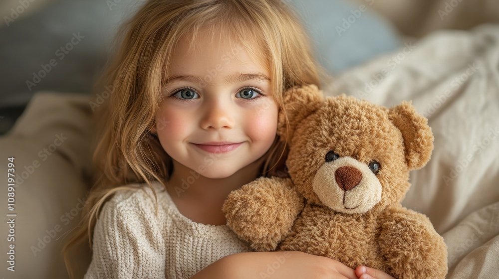 Child holding a teddy bear close, representing warmth, comfort, and childhood happiness. Child holding a teddy bear close, representing warmth, comfort, and childhood happiness.