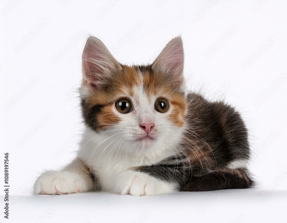 Obraz premium adorable tri color kitten with brown white and orange fur lying on a clean white background gazing to the side perfect for pet themed designs
