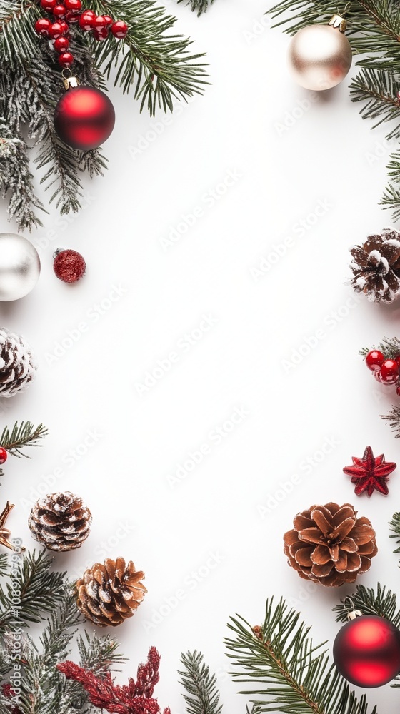 Festive Christmas frame with pine branches, red and silver ornaments, pinecones, and berries on white background, perfect for holiday designs. Festive Christmas frame with pine branches, red and silver ornaments, pinecones, and berries on white background, perfect for holiday designs.