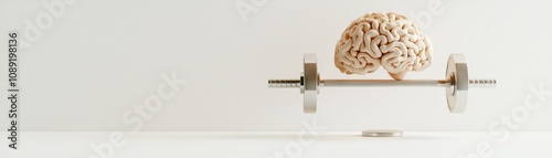 A brain rests on a barbell, symbolizing the connection between mental strength and physical fitness in a minimalist, modern design. photo