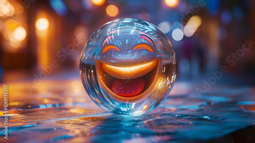Wallpaper Mural A vibrant 3D-rendered laughing glass emoji encased in a transparent crystal ball, symbolizing joy, happiness, and digital expression in a futuristic and playful style.  
 Torontodigital.ca