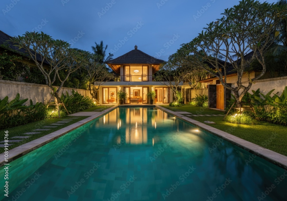 Tropical Luxury Villa with Illuminated Pool at Twilight Tropical Luxury Villa with Illuminated Pool at Twilight