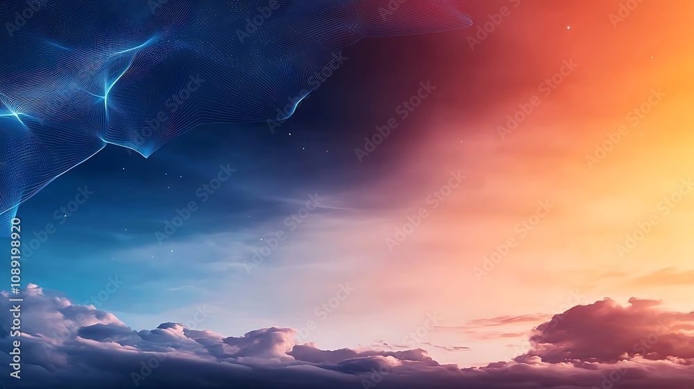 Business IT Integration concept. A vibrant gradient sky transitions from blue to orange, featuring abstract patterns and clouds, evoking a serene and futuristic atmosphere. Business IT Integration concept. A vibrant gradient sky transitions from blue to orange, featuring abstract patterns and clouds, evoking a serene and futuristic atmosphere.