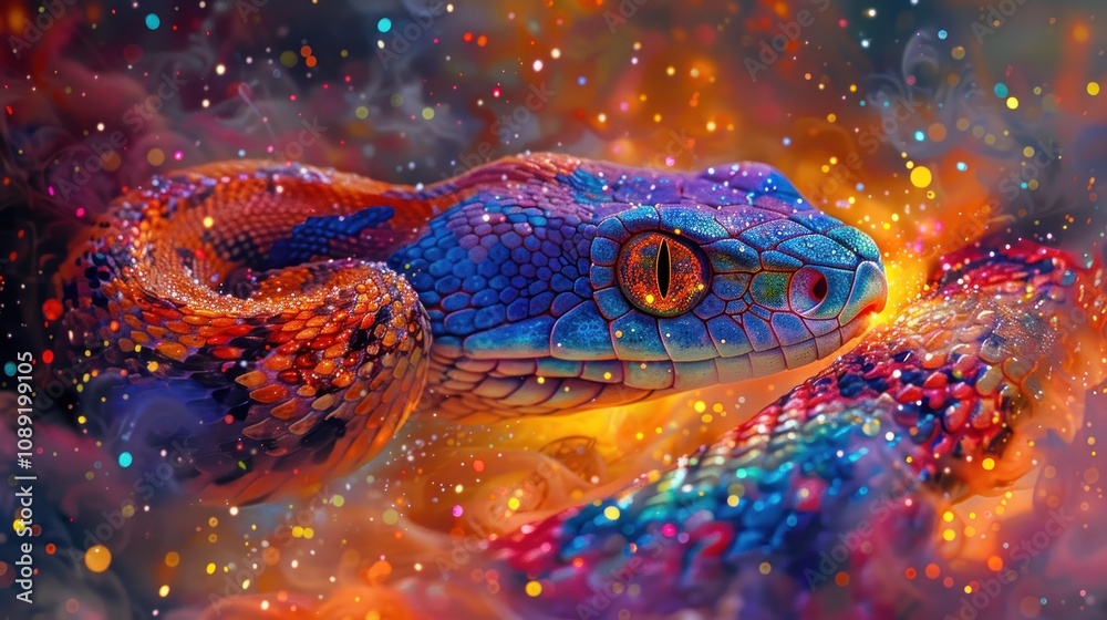 A vibrant, colorful snake with a mesmerizing gaze, surrounded by a swirling, sparkling background. A vibrant, colorful snake with a mesmerizing gaze, surrounded by a swirling, sparkling background.