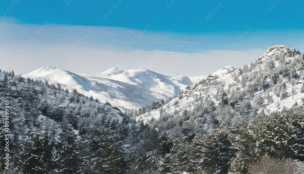 Beautiful picturesque landscape of snow-covered mountain hills and pine forests. Generated with AI Beautiful picturesque landscape of snow-covered mountain hills and pine forests. Generated with AI