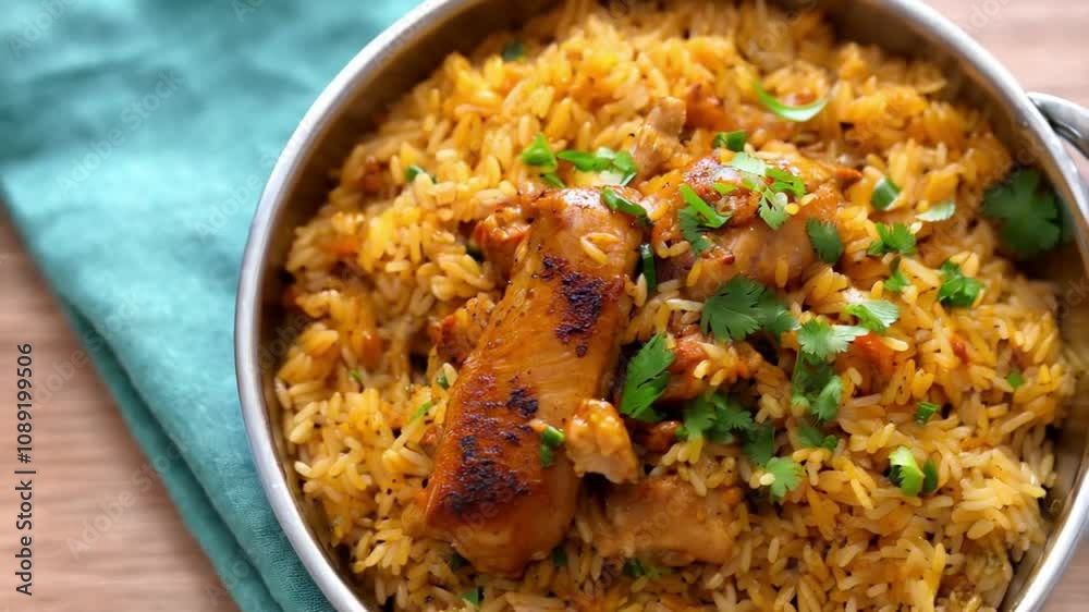 Seamless looping 4K video of chicken biryani with fragrant basmati rice, exotic spices, perfect for festival meals and food recipes Seamless looping 4K video of chicken biryani with fragrant basmati rice, exotic spices, perfect for festival meals and food recipes