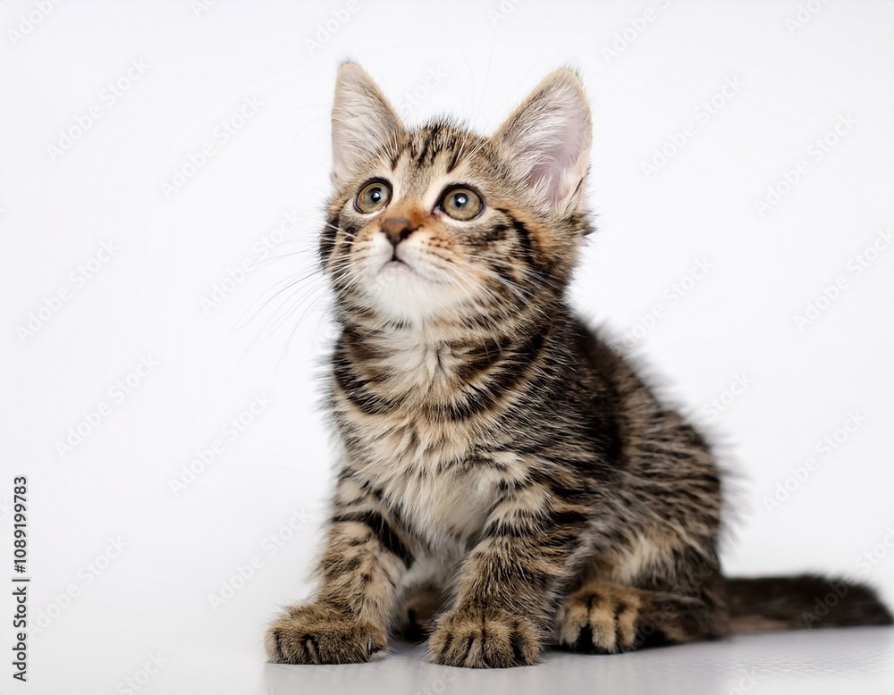 cute tabby kitten sitting and looking upward against a white background perfect for pet themed projects emphasizing curiosity and innocence cute tabby kitten sitting and looking upward against a white background perfect for pet themed projects emphasizing curiosity and innocence