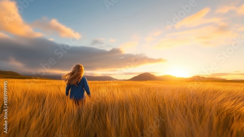 a person walking through a golden field at sunset