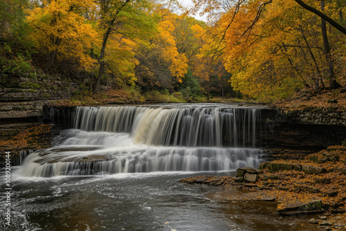 A serene waterfall cascades amidst vibrant autumn foliage with golden leaves in a tranquil natural setting, creating a soothing and picturesque landscape.
