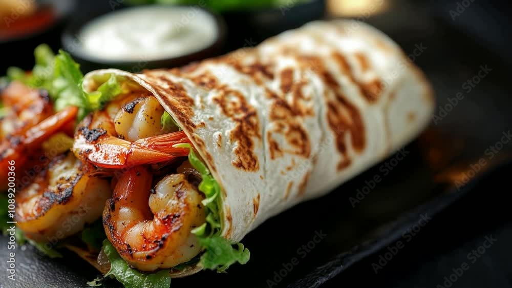 Grilled Shrimp Who tracks down the secret ingredients of a delicious shrimp flour tortilla wrap with lettuce, tomato and ranch dressing served on a black slate plate Grilled Shrimp Who tracks down the secret ingredients of a delicious shrimp flour tortilla wrap with lettuce, tomato and ranch dressing served on a black slate plate