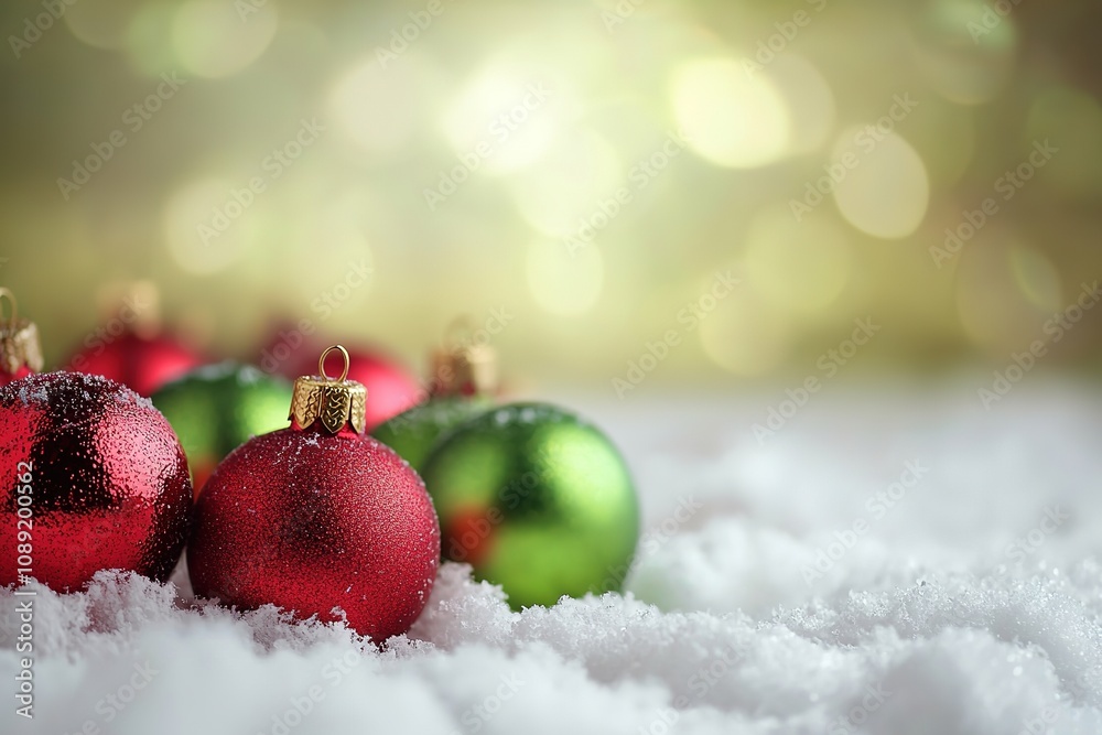 Red and green Christmas balls on snowy surface with bokeh Red and green Christmas balls on snowy surface with bokeh
