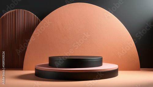 dual tiered circular podium with a black upper platform and a peach toned base set against a textured semicircular backdrop the minimalist design and warm tones ideal for a modern product display photo