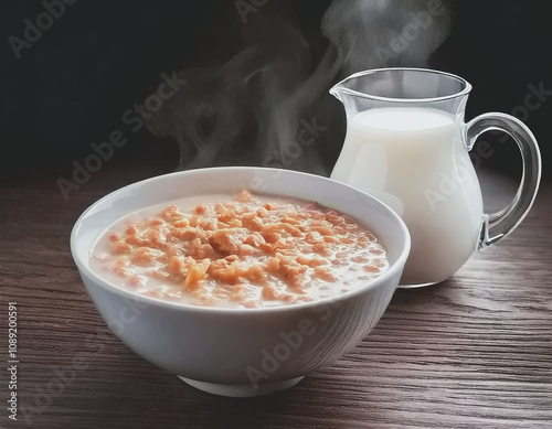 piping hot bowl of outmeal with clear pitcher of milk AI