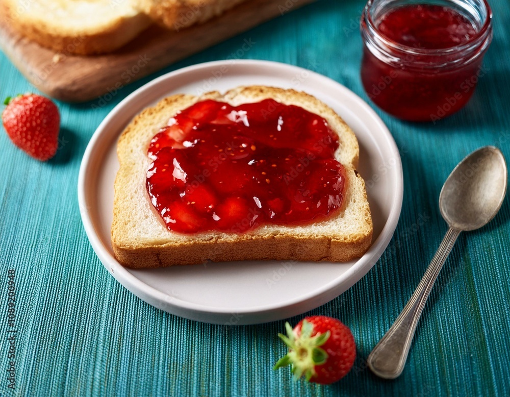 enjoy a delicious slice of white bread topped with sweet strawberry jam for a perfect snack