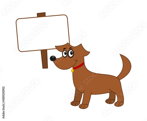 A brown dog with beautiful red collar and advertising sign - vector photo