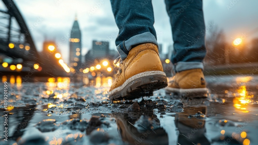 Wet rubber boots standing in puddle reflecting the glittering lights and skyline of a bustling city on a rainy night Concept of urban lifestyle transportation and rainy weather conditions Wet rubber boots standing in puddle reflecting the glittering lights and skyline of a bustling city on a rainy night Concept of urban lifestyle transportation and rainy weather conditions