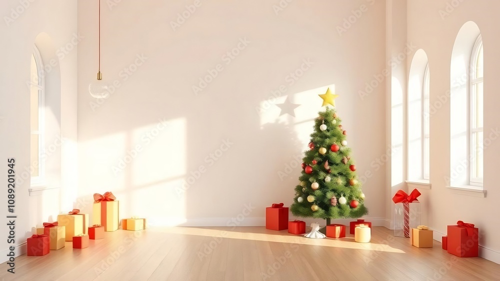 Christmas Tree and Gifts in a Bright Room with Large Windows Christmas Tree and Gifts in a Bright Room with Large Windows