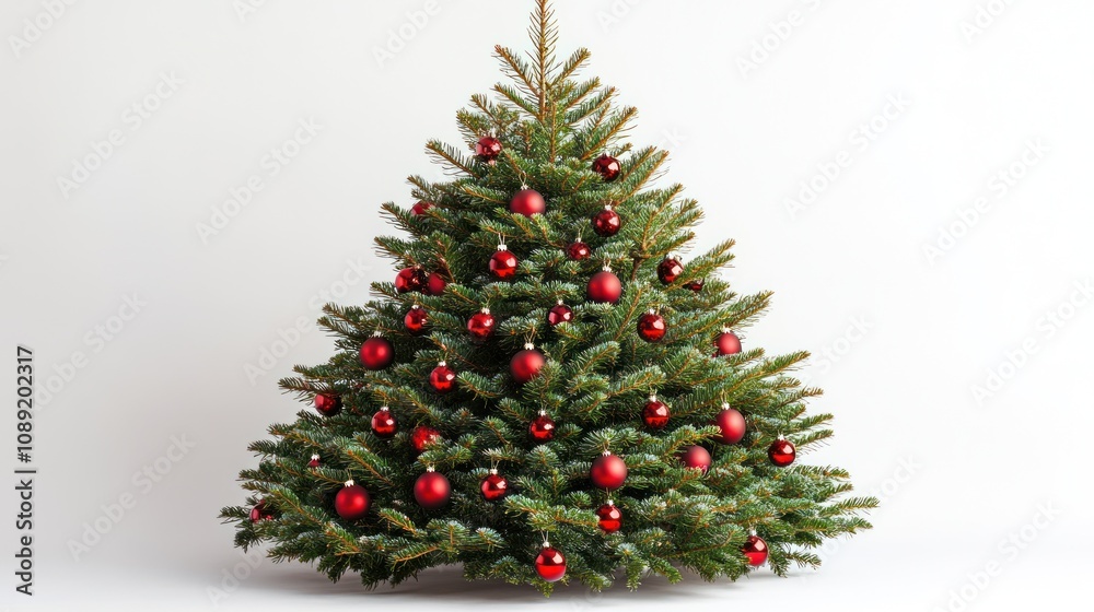 Classic Christmas tree decorated with red ornaments on white background. Classic Christmas tree decorated with red ornaments on white background.