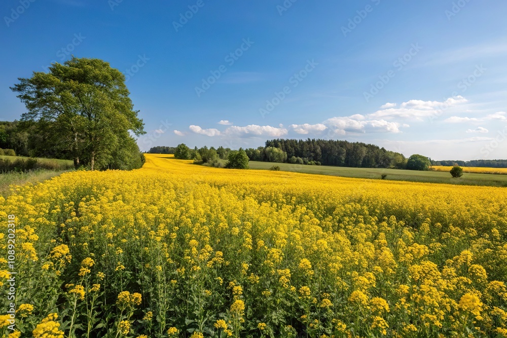 A field of yellow flowers in full bloom under a brilliant blue sky on a warm summer day, countryside, blue sky A field of yellow flowers in full bloom under a brilliant blue sky on a warm summer day, countryside, blue sky
