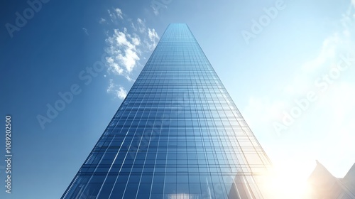 Capture a futuristic skyscraper, sunlight gleaming off its glass facade Showcase sleek lines and innovative design in a digital architectural rendering