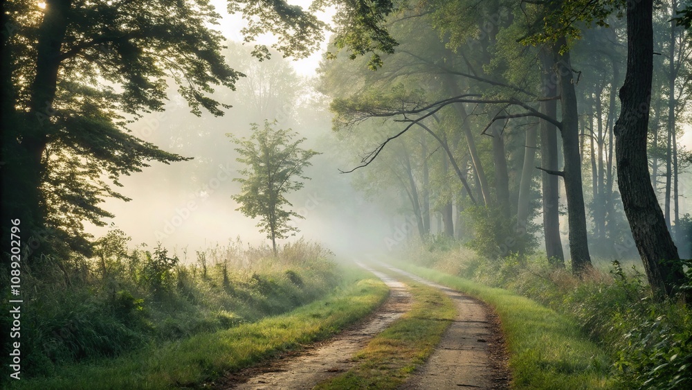 Fototapeta premium A misty forest path unfolding as morning dew evaporates, greenery, dew, , forest, morning