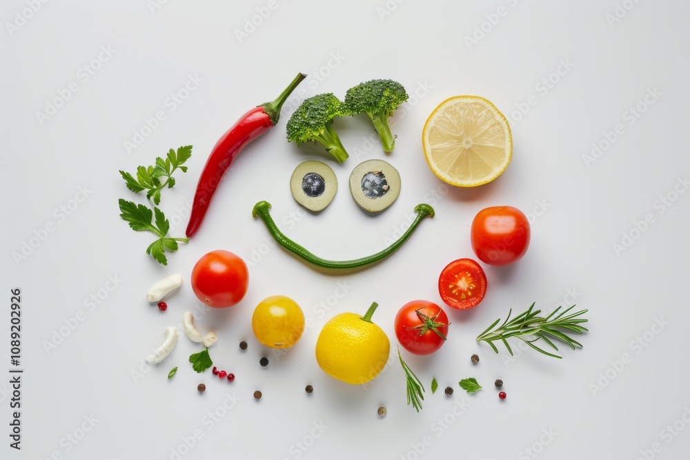 Fresh Vegetables and Fruits Arranged Creatively to Form a Smiley Face Using Bright Colors for a Cheerful and Wholesome Presentation Fresh Vegetables and Fruits Arranged Creatively to Form a Smiley Face Using Bright Colors for a Cheerful and Wholesome Presentation