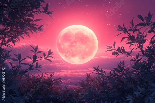 A large pink moon is in the sky above a forest