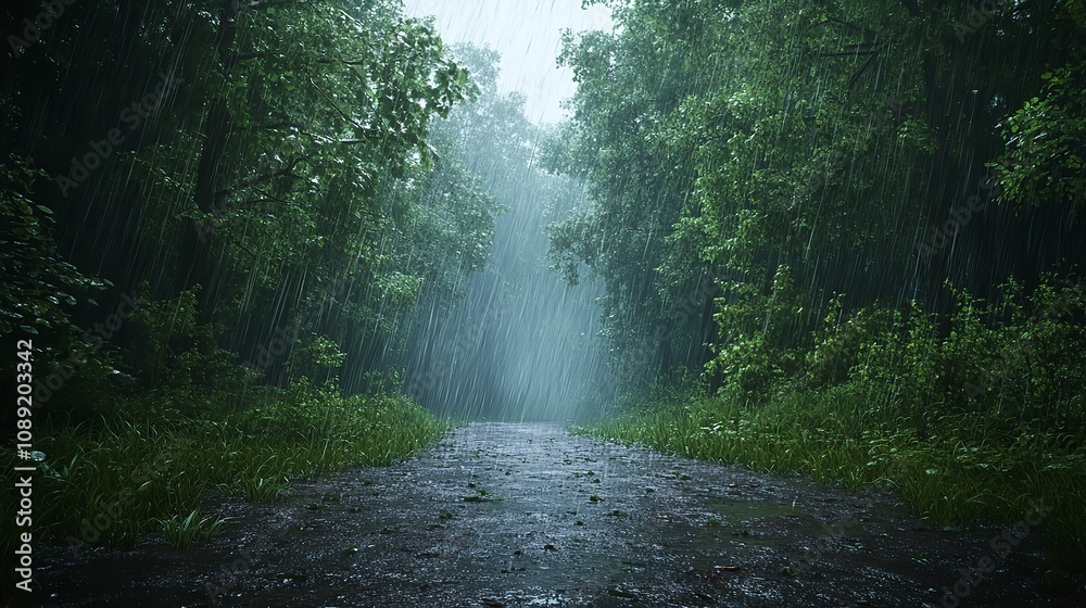A Remote Forest Path During a Heavy Downpour A Remote Forest Path During a Heavy Downpour