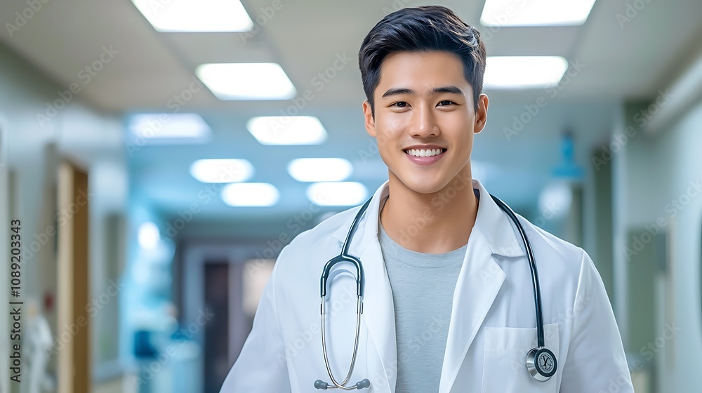 The portrait depicts a young Asian doctor confidently smiling as he walks down a hospital hallway, wearing his white coat and carrying a stethoscope around his neck The portrait depicts a young Asian doctor confidently smiling as he walks down a hospital hallway, wearing his white coat and carrying a stethoscope around his neck