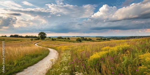 A scenic landscape featuring a winding path through a field of tall wildflowers, natural scenery, pathway, open space, meadow, rolling hills