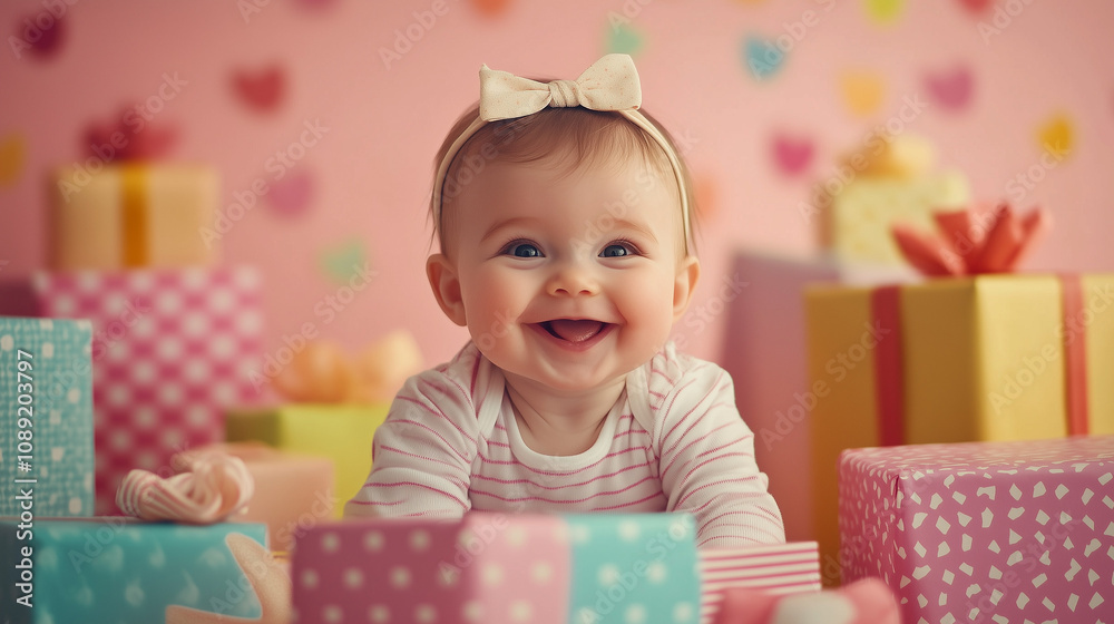 Smiling baby girl in a striped outfit with a bow headband surrounded by colorful gift boxes and hearts decor Smiling baby girl in a striped outfit with a bow headband surrounded by colorful gift boxes and hearts decor