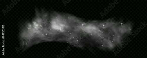 Fantastic magical smoke with glowing particles, stardust, and glittering stars, creating a colorful, ethereal fog. Vector illustration with vibrant, multicolored steam and vapor.