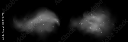 Fantastic magical smoke with glowing particles, stardust, and glittering stars, creating a colorful, ethereal fog. Vector illustration with vibrant, multicolored steam and vapor.