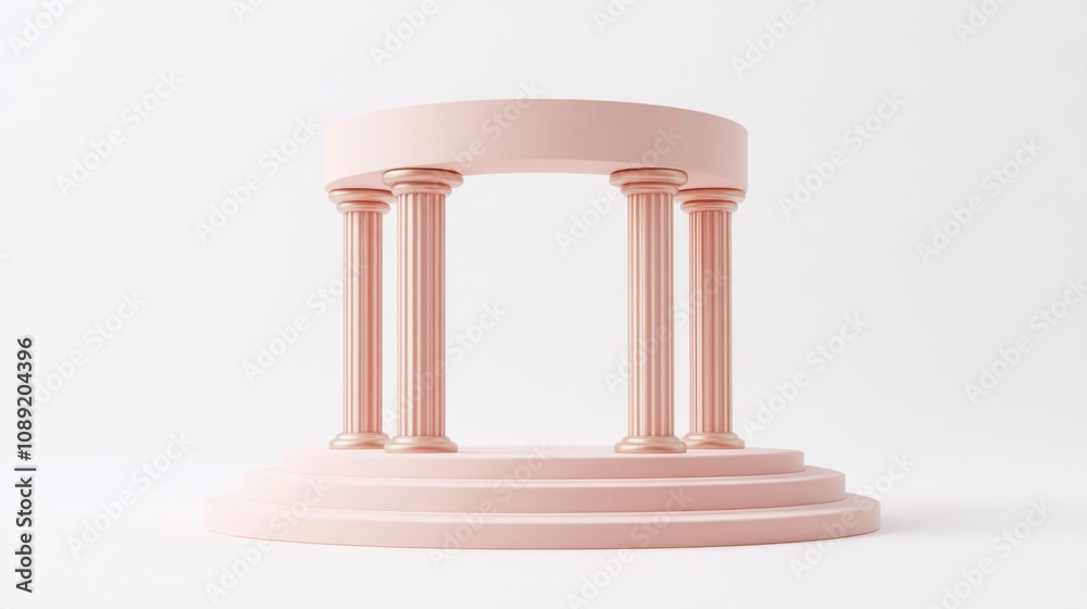 A minimalist pink structure with columns, designed for display or presentation purposes. A minimalist pink structure with columns, designed for display or presentation purposes.