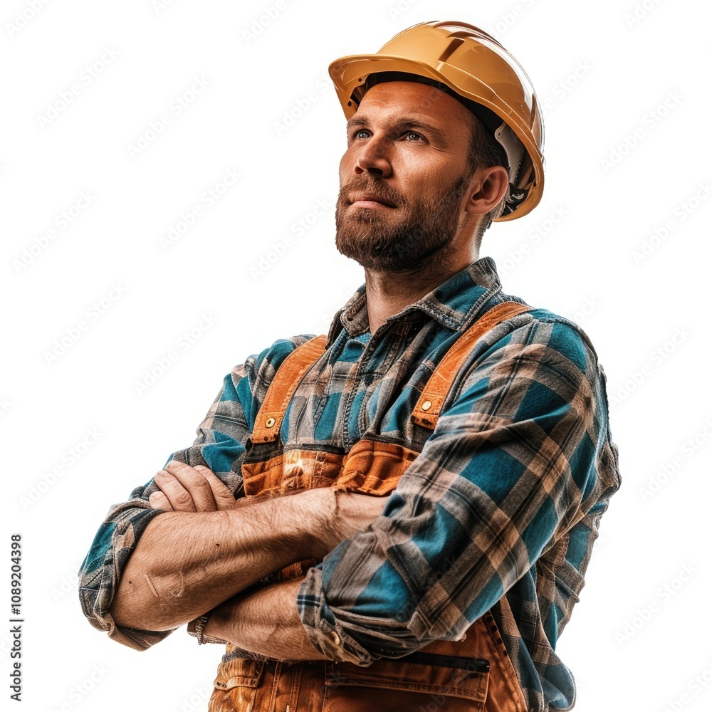 Construction worker with safety equipment renovates building on Labor Day.