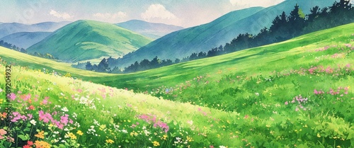 Sunlit meadow with vibrant wildflowers and rolling hills under a clear sky and gentle breeze