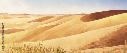 Sunlit desert with golden dunes, sparse vegetation, and clear blue sky under warm sunlight