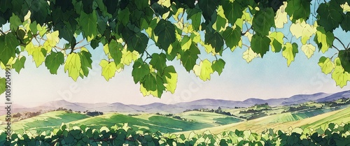 Sunlit vineyard with rolling hills, grapevines, and clear blue sky under warm, golden sunlight