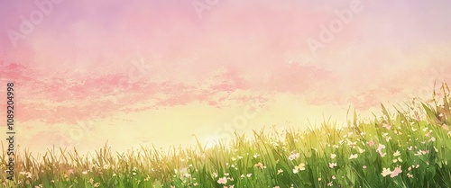 Sunrise over meadow with blooming flowers, soft colors, and a serene, tranquil atmosphere