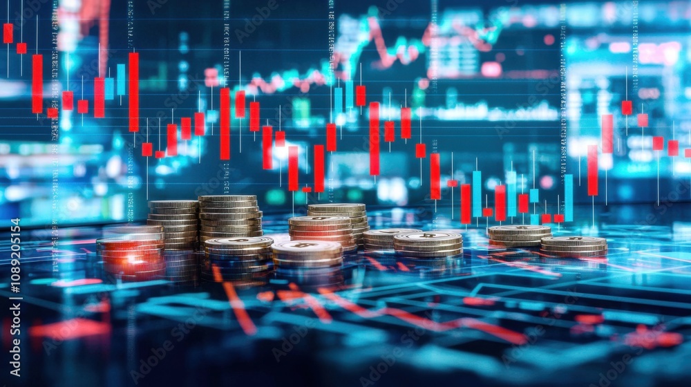 GDP economics background. A close-up view of stacked coins with digital financial graphs in the background, representing investment, trading, and market analysis.