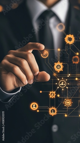  a Businessman with a Compliance Icon on a Virtual Screen, Ensuring the Execution of Laws, Regulations, and Standards, Highlighting Adherence to Business Policies, with Financial and Design Elements E