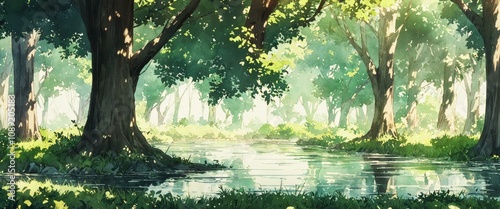 Calm riverbank with lush grass and overhanging trees reflecting in the water