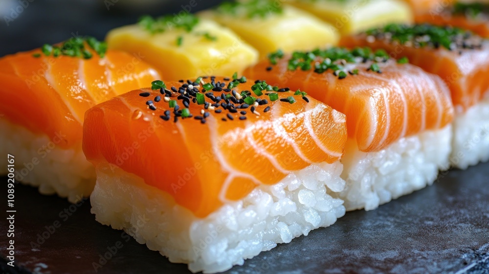 Close-up of assorted salmon sushi pieces on a dark surface. Close-up of assorted salmon sushi pieces on a dark surface.