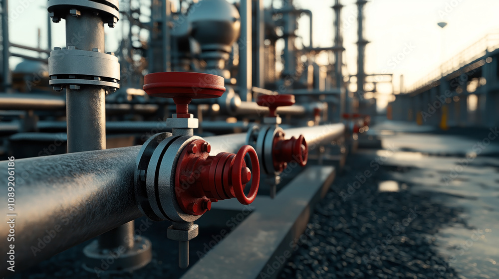Industrial setting with close-up of pipes and red valve handles in a large-scale facility, showcasing metallic structures and machinery under natural lighting. Industrial setting with close-up of pipes and red valve handles in a large-scale facility, showcasing metallic structures and machinery under natural lighting.