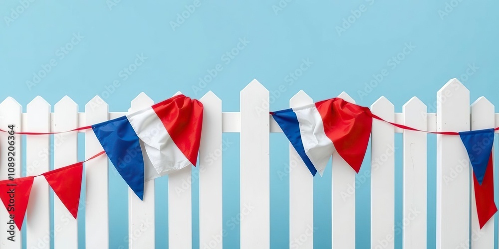 Fototapeta premium A classic white picket fence with a bold red white and blue bunting draped over the top, picket fence, suburban home