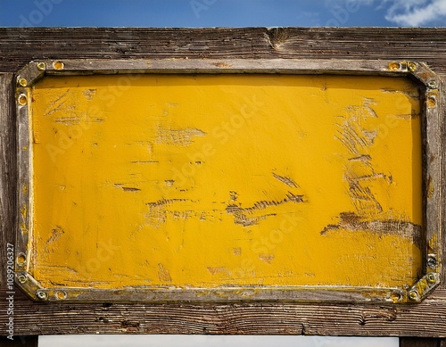 weathered yellow signboard with a rustic border suitable for various artistic or informational purposes photo