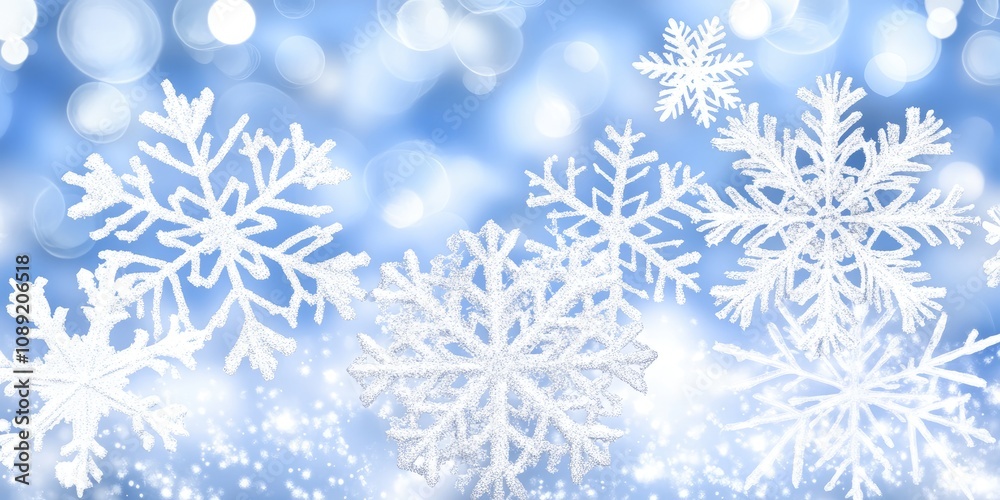 Intricate snowflakes drift serenely against a softly blurred blue winter sky. Light sparkles around each crystal, creating a magical atmosphere